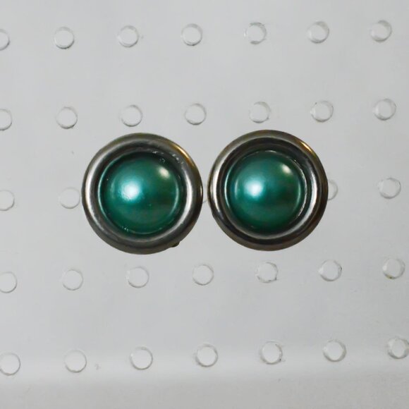 Silver and Dark Teal Stud Earrings - Picture 3 of 5